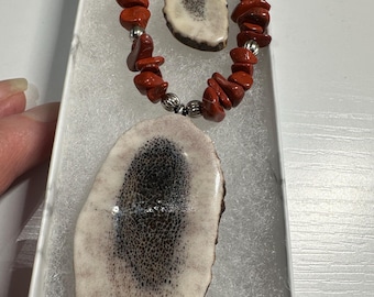 Red Jasper Elk Antler Pendant Earrings Set – Handmade Crystal Jewelry