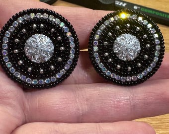 Handmade indigenous beaded round beaded stud earrings, made in Oregon.