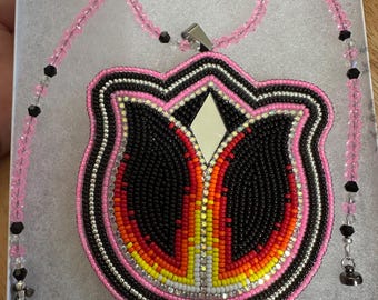 Beaded Tulip Medallion Necklace, Fire Colors, Hot Pink, Miyuki Seed Beads, Magnetic Clasp