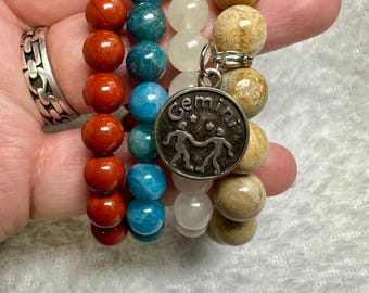 Gemini Zodiac Crystal Bracelet with Removable Charm: Handmade Gemstone Jewelry