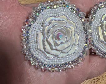 White ab handmade beaded roses earrings. Made in Oregon. Indigenous small business