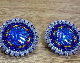 Blue Chief cabochon beaded earrings on leverback posts