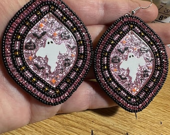 Halloween Beaded Horse Eye Earrings: Miyuki Seed Beads, Leather Backed and on hooks