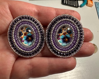 Floral oval shaped beaded stud earrings