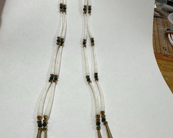 Gold and dark green dentallium shell duster fringe earrings with metal cone fringe