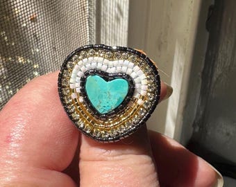 kingsman turquoise heart shaped beaded ring adjustable size, white, gold and hematite colored