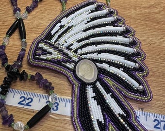 Purple,lime green, silver, black and white beaded headdress medallion with dentallium and antler, lapis lazuli and silver obsidian necklace