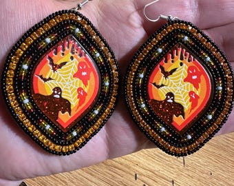 Halloween Beaded Horse Eye Earrings: Miyuki Seed Beads, Leather Backed and on hooks
