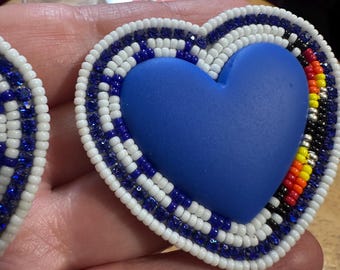 Handmade Matte Blue Heart Earrings, Miyuki Seed Beads, Rhinestone Accents, Leather Backed
