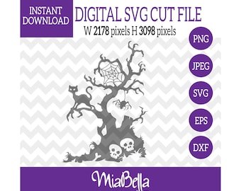 Halloween Tree with Skulls, Cat, Spider, SVG, Digital Cutting File, svg png dxf eps zip jpeg, svg file Silhouette Cameo & Cricut