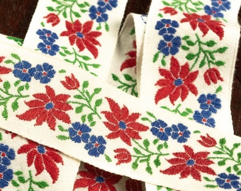 Unused Embroidered Trim, Yardage, Vintage Embroidered Cotton Trim, Excellent Condition, Red Green Blue