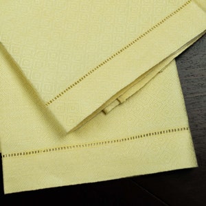 Pair Diamond Damask, Vintage Yelllow Irish Linen Hemstitched Towels, UNUSED