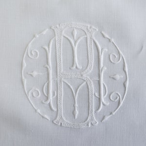 Pair French Linen Sheets, Twin Vintage Linen Sheets, Monogrammed &quot;MB&quot;, Polka Dot Scalloped Hems, 70&quot; X 106&quot;