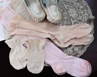 Vintage Baby Mittens, Booties and Pink Silk Stockngs or Socks, Sized for a Todler, Charming