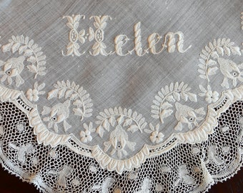 Antique Lace Wedding Hanky, Hand Embroidered Swiss, Hand Valenciennes Lace, HELEN Moniker, Exceptional Condition