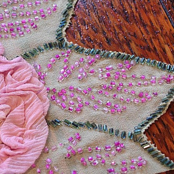 1 LEFT! Vintage Beaded Silk Chiffon Ruffled Rose with Beaded Petals, Flapper Dress, Beaded Applique