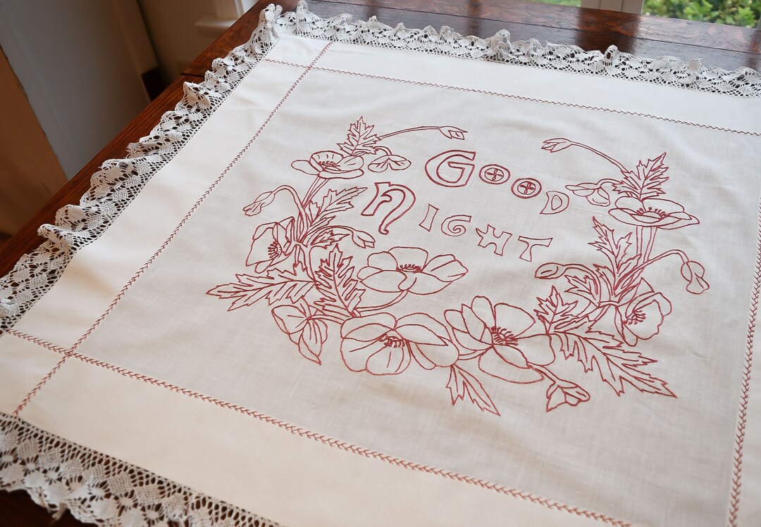 Victorian Turkey Red Embroidered Layover Sham, Good Night