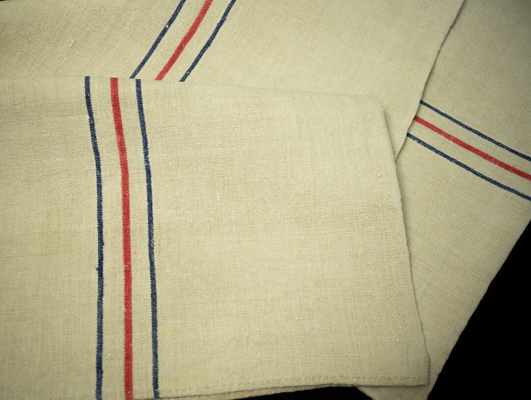 Antique French Hemp Grainsack, Hand Woven, Nubby Weave, Blue and Red ...