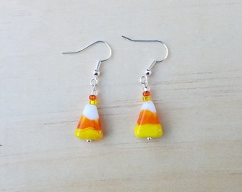 Halloween Candy Corn Lampwork Glass Bronze Dangle Earrings Doodaba
