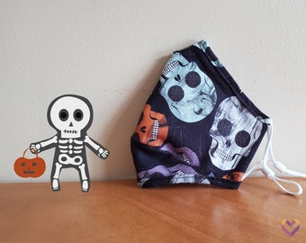 Halloween Face Mask with Nose Wire and Filter Pocket - Washable Reusable Triple Layer Cotton - Halloween Skulls, Handmade Mask, Skeletons