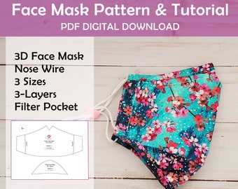 Fitted Face Mask Sewing Pattern: 3 Sizes, Filter Pocket, Nose Wire (PDF Pattern)