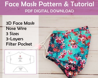 PDF Sewing Mask Pattern and Tutorial - Fitted Face Mask, Triple Layer Fabric, Filter Pocket, Nose Wire - Sizes Small, Medium and Large