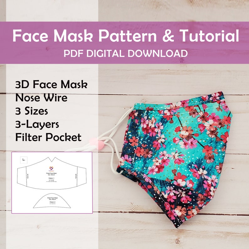 PDF Sewing Mask Pattern and Tutorial Fitted Face Mask, Triple Layer Fabric, Filter Pocket, Nose Wire Sizes Small, Medium and Large image 1