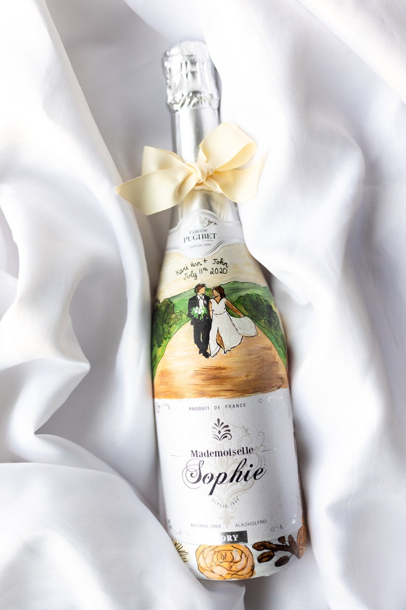 Custom Wedding gift hand painted on Sophie DRY champagne bottle, Custom Engagement gift hand painted NON alcohol champagne bottle, bride image 2