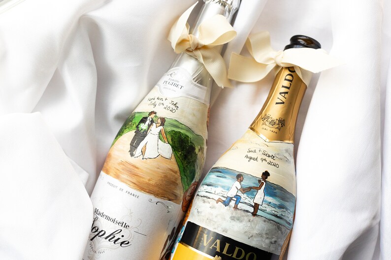 Custom Wedding gift hand painted on Sophie DRY champagne bottle, Custom Engagement gift hand painted NON alcohol champagne bottle, bride image 8