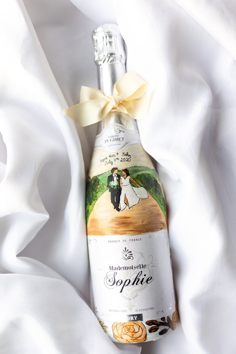 Custom Wedding gift hand painted on Sophie DRY champagne bottle, Custom Engagement gift hand painted NON alcohol champagne bottle, bride image 7