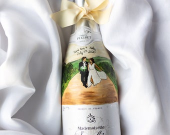 Custom Wedding gift hand painted on Sophie DRY champagne bottle, Custom Engagement gift hand painted NON alcohol champagne bottle, bride