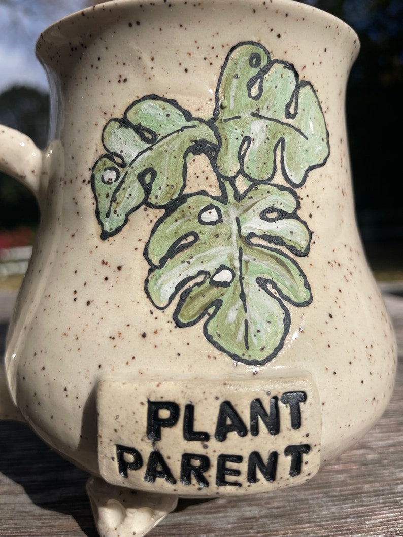 Plant parent pottery mug with feet, plant lover gift, plant lover mug, pottery mug, plant mom, plant dad, plant gifts, funny plant gift, mug image 2