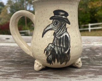 Plague mask doctor pottery mug, cauldron mug, mug with feet, halloween mug, halloween lover pottery mug, creepy mug, plague doctor, bubonic