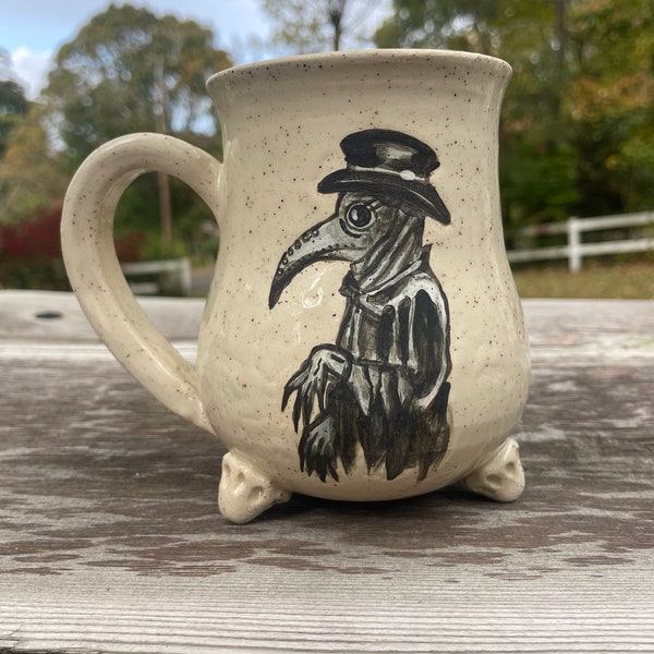 Plague mask doctor pottery mug, cauldron mug, mug with feet, halloween mug, halloween lover pottery mug, creepy mug, plague doctor, bubonic