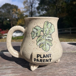 Plant parent pottery mug with feet, plant lover gift, plant lover mug, pottery mug, plant mom, plant dad, plant gifts, funny plant gift, mug image 1