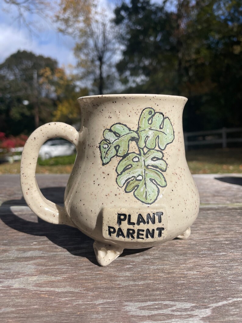 Plant parent pottery mug with feet, plant lover gift, plant lover mug, pottery mug, plant mom, plant dad, plant gifts, funny plant gift, mug image 1