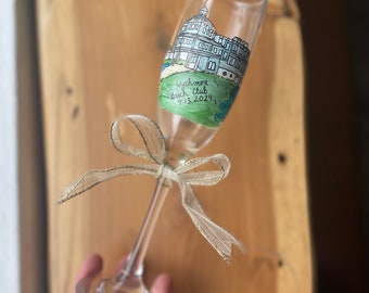 Custom Wedding gift hand painted on champagne flute, Custom Engagement gift, personalized gift, wedding decor, venue painting, painting,