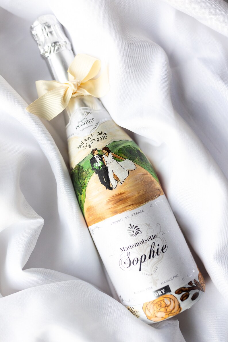 Custom Wedding gift hand painted on Sophie DRY champagne bottle, Custom Engagement gift hand painted NON alcohol champagne bottle, bride image 3