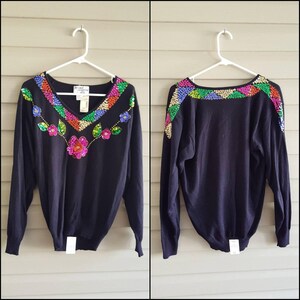 NWT Vintage 90's 80's Regency Collection for Joyce size M floral sequin black long sleeve v-neck sweater Deadstock image 2