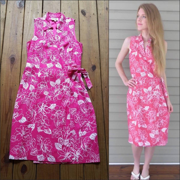 Yves Cossette Depeche Mode size 10 vintage 80's hot pink & white floral wrap tie dress - fully lined with collar - 1980's