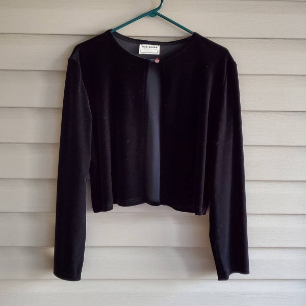 Vintage 80's 90's Tom Barra L black velvet long sleeve sparkly diamond button shrug crop cardigan