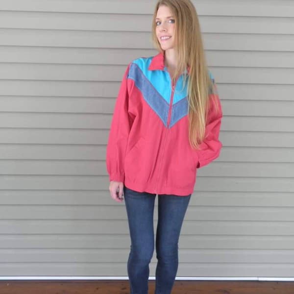 Vintage 80's M/L bright hot pink & aqua blue jean long sleeve zip front light jacket windbreaker w/ collar