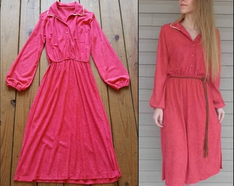 Vintage 70's S/M bright raspberry red soft terrycloth long poet sleeve button midi dress w/ collar, pocket - 1970's