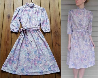 Vintage 70's pastel purple, pink, blue floral & feather print button up high neck 3/4 sleeve midi dress w/ tie - 1970's