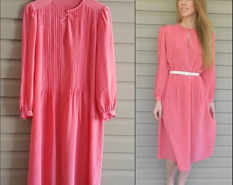 Vintage 80's XS/S/M hot pink cuffed long sleeve keyhole pleated midi shift dress - 1980's