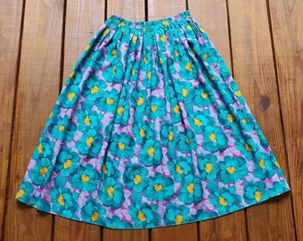 Vintage 90's S/M teal blue and purple tropical floral soft rayon elastic waist midi skirt