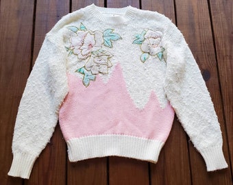 Vintage 80's 90's S pastel cream and pink floral pearl beaded long sleeve fuzzy knit crew neck sweater by Needles & Yarn