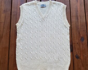 Vintage 80's men's M ivory cream cable knit v-neck sleeveless knit sweater vest by Classics