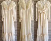 Gunne Sax size 5 vintage 70 39 s cream high neck ruffle long sleeve victorian inspired prarie maxi dress w lace, buttons, back tie