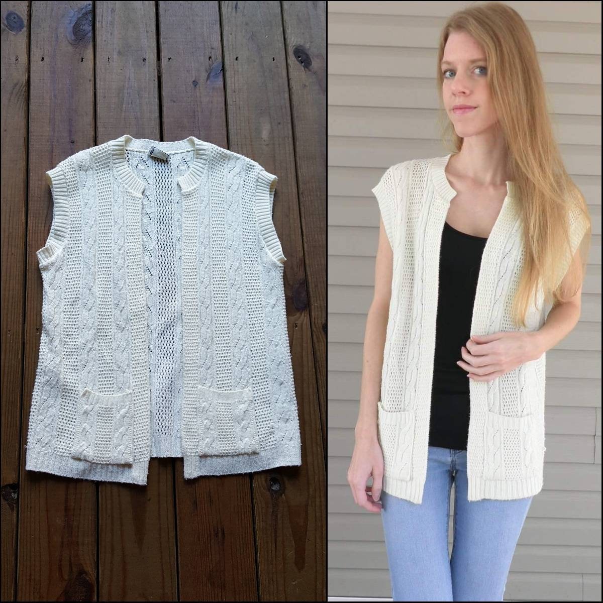 Kenneth Too Größe M Vintage 80er 90er Jahre offene Creme Zopfmuster Weste Pullover Layering Top ärmellose Strickjacke